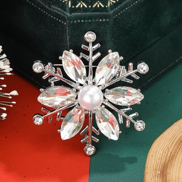 Crystal Snowflake Brooch for Women Rhinestone Winter Pin with Pearl Elegant - Picture 3 of 5